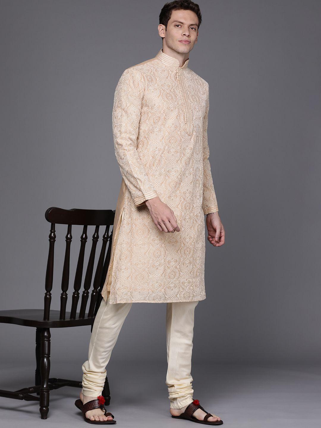 manu men beige & off-white ethnic motifs woven design kurta with churidar