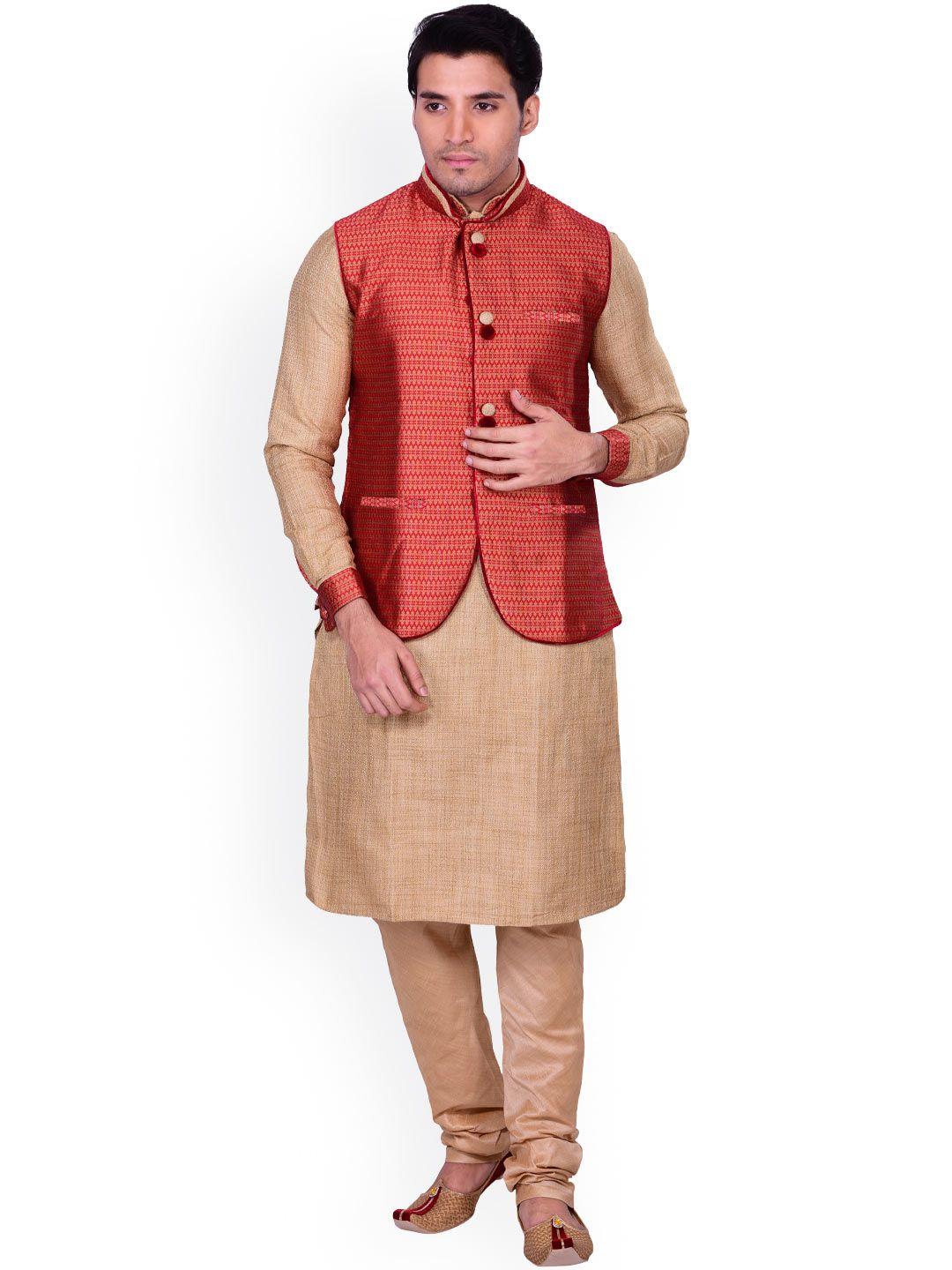 manu men beige & red patterned kurta with churidar & nehru jacket