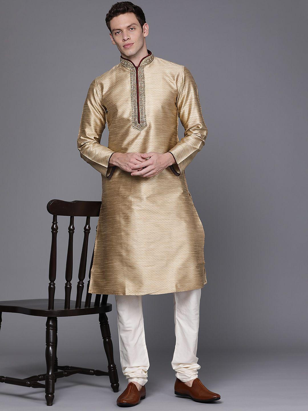 manu men beige & white woven design kurta with churidar
