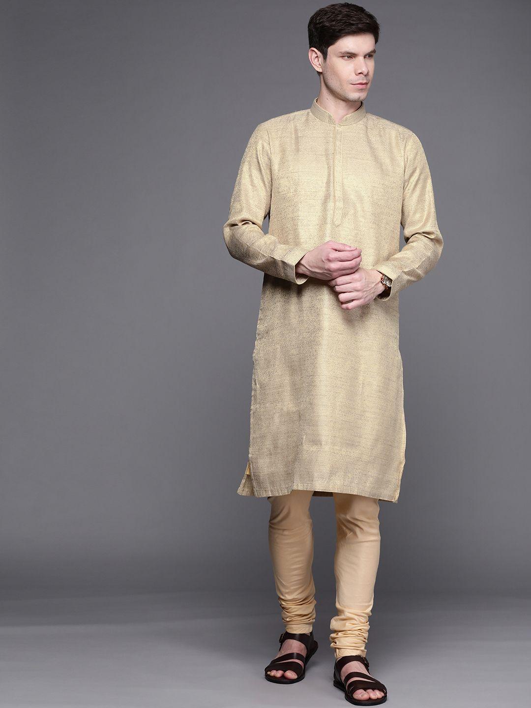 manu men beige ethnic motifs jacquard kurta with churidar