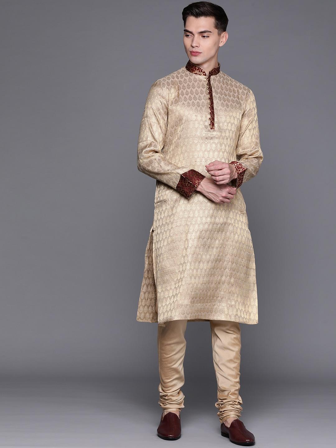 manu men beige printed  ethnic motifs regular kurta with churidar
