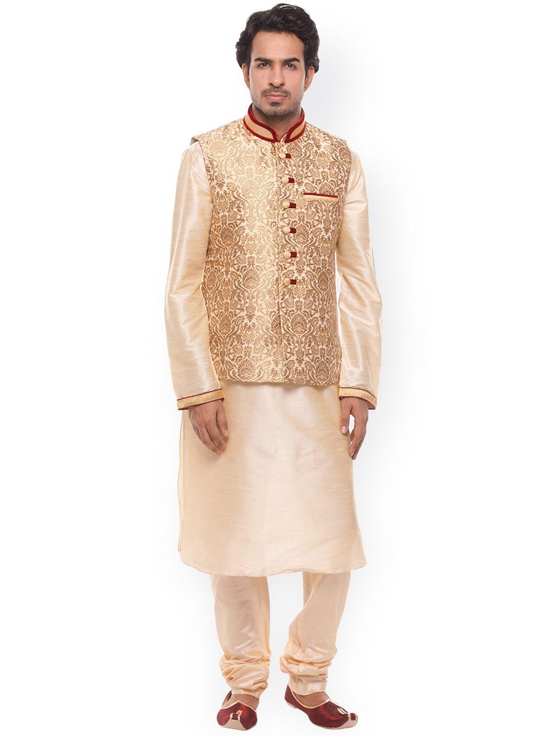 manu men beige solid kurta with churidar & nehru jacket