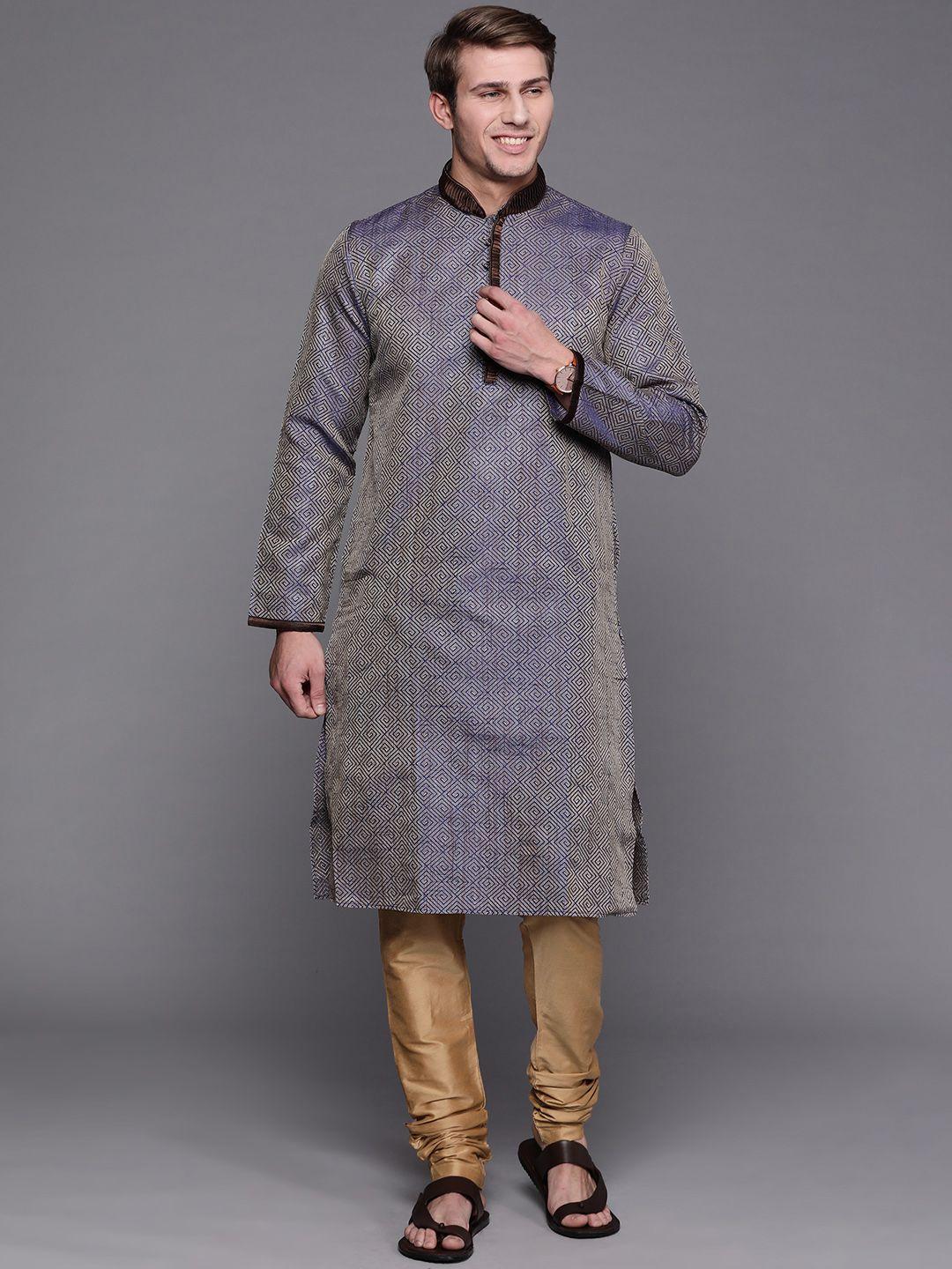 manu men blue & beige self design ethnic motifs kurta with churidar