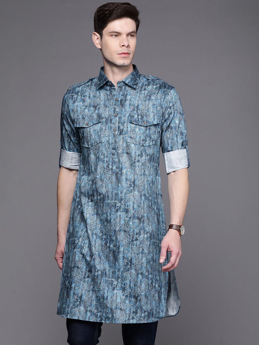 manu men blue & grey paisley printed pathani kurta