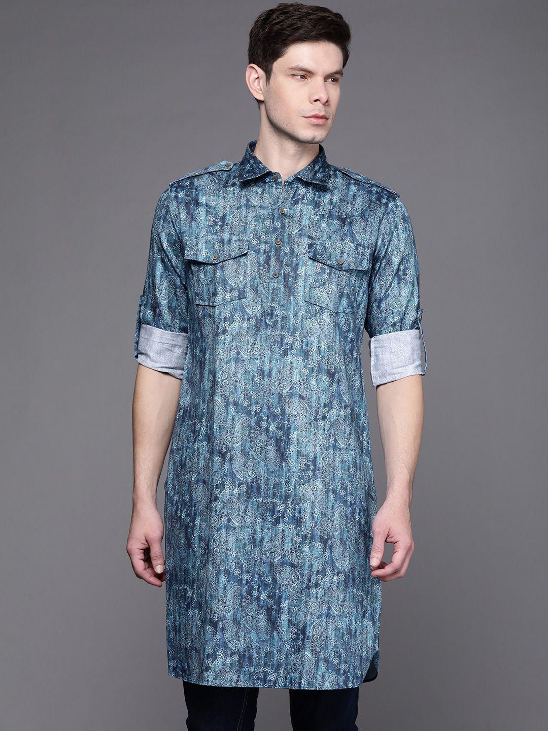 manu men blue & grey paisley printed pathani kurta