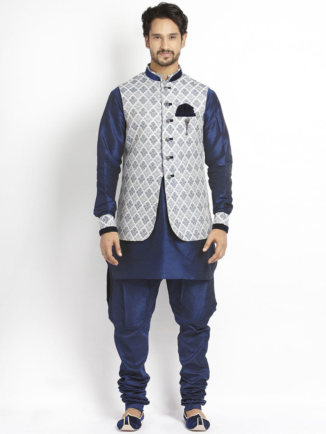 manu men blue pure silk kurta churidar & nehru jacket set