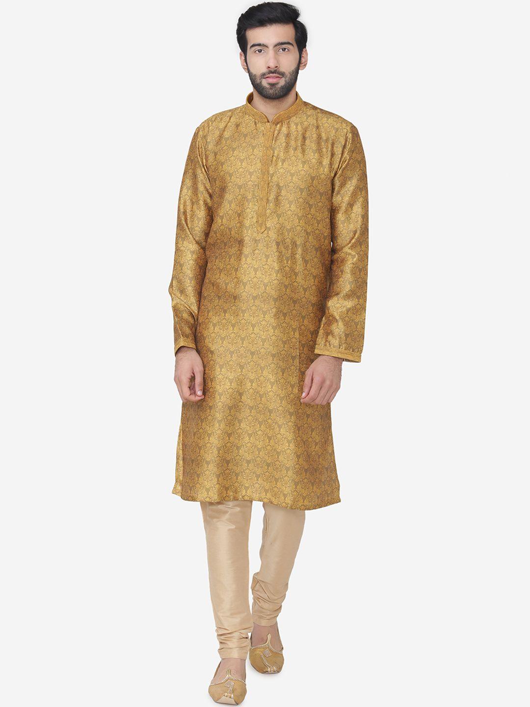 manu men brown & mustard yellow self design kurta with churidar