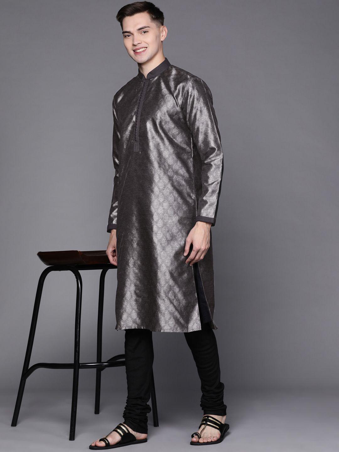 manu men charcoal grey & black ethnic motifs jacquard self-design kurta with churidar