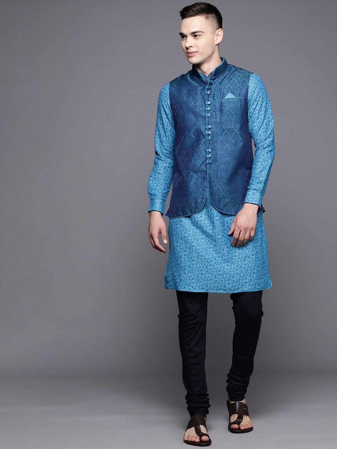 manu men ethnic motifs printed kurta with churidar & nehru jacket