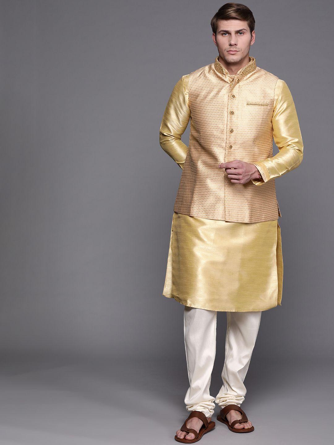 manu men golden & cream-coloured ethnic motifs kurta with churidar & jacket