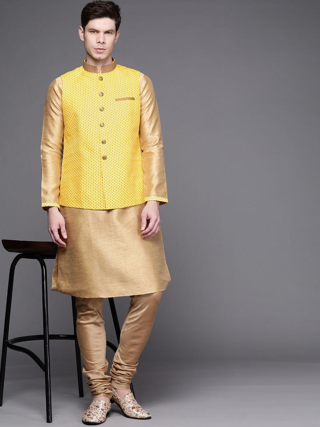manu men golden ethnic motifs printed regular kurta & churidar with nehru jacket