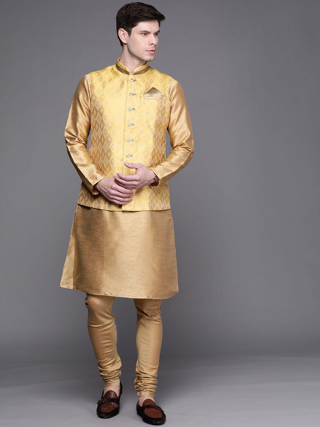 manu men golden solid regular kurta with churidar & nehru jacket