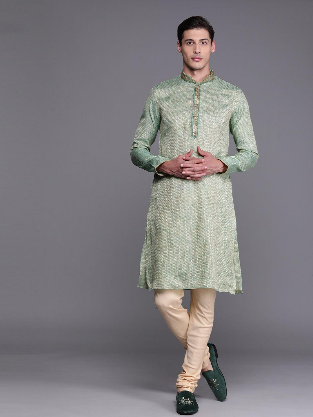 manu men green & beige ethnic motifs kurta with churidar