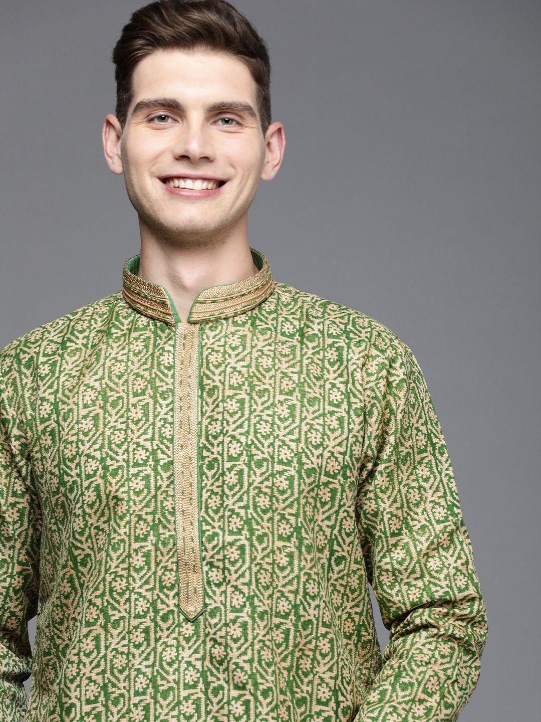 manu men green ethnic motifs printed thread work kurta with churidar