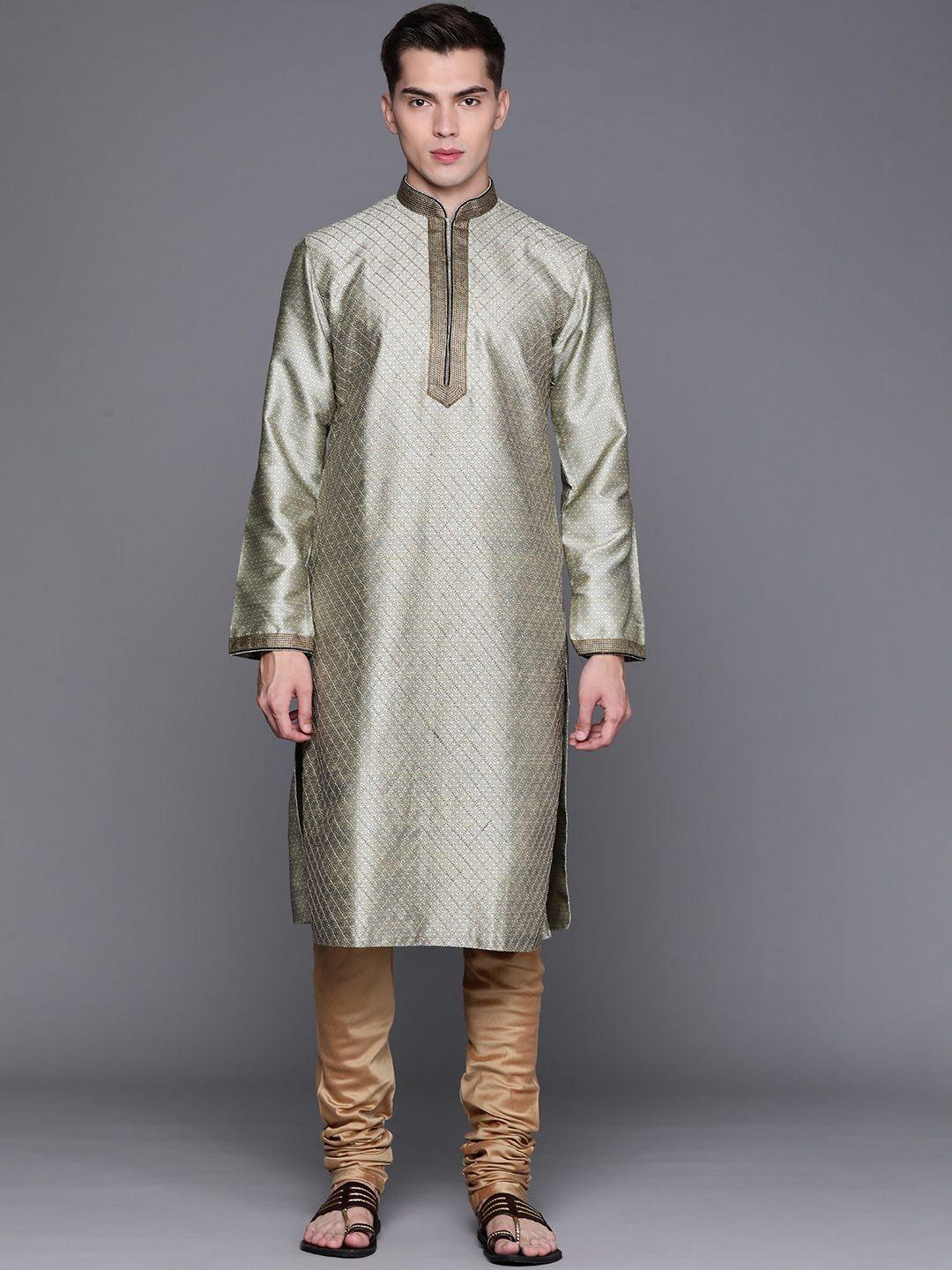 manu men green ethnic woven design regular kurta with churidar