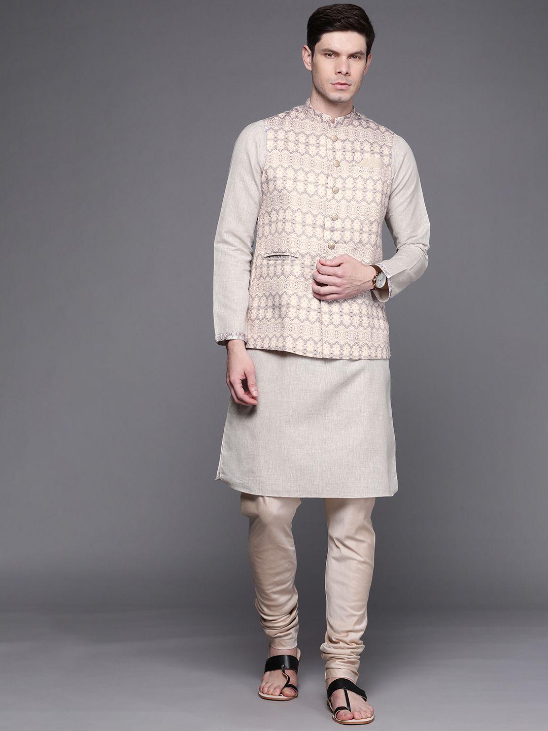 manu men grey regular kurta with churidar & nehru jacket