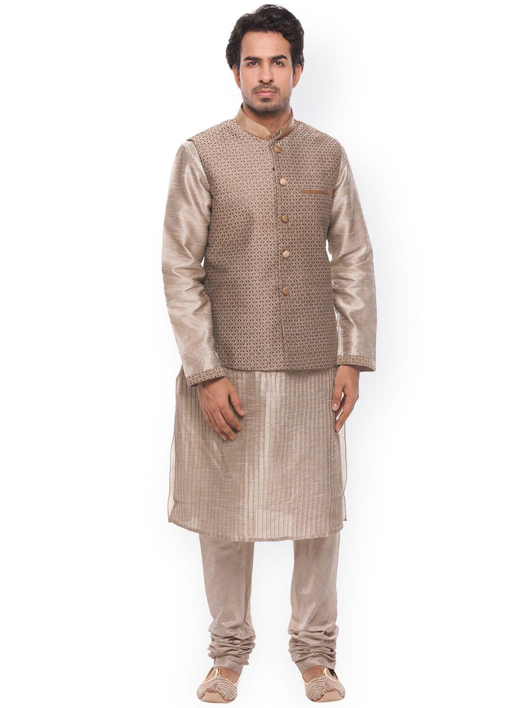 manu men grey self-striped kurta with churidar & jacket