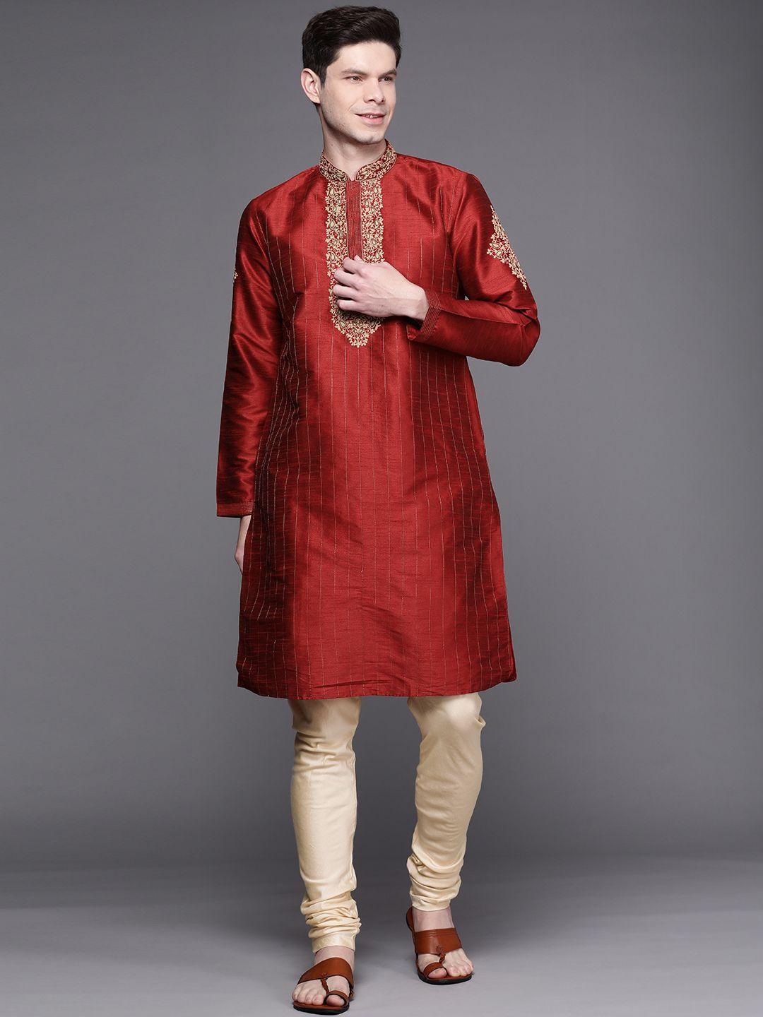 manu men maroon ethnic motifs yoke design regular kurta with churidar