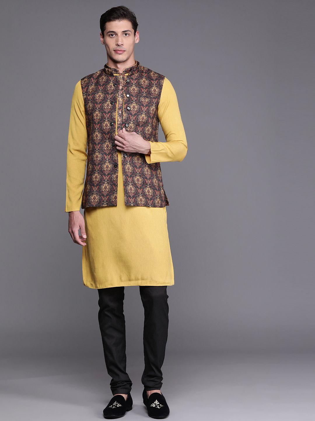 manu men mustard yellow printed kurta churidar with nehru jacket