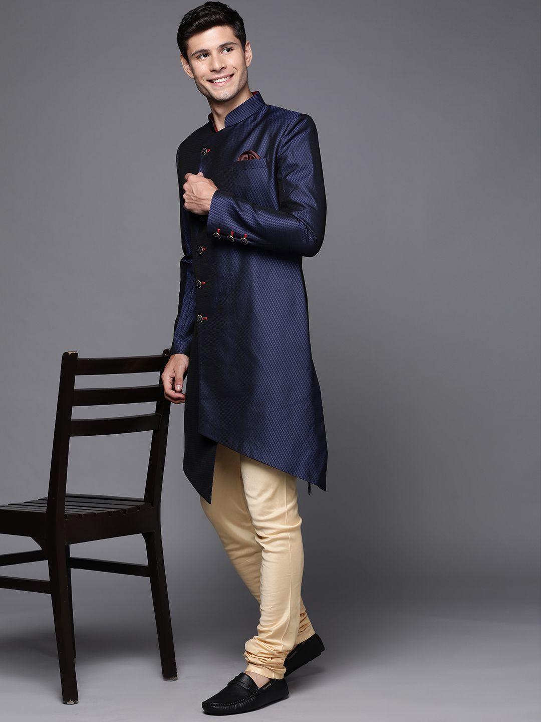 manu men navy blue & beige woven design sherwani set