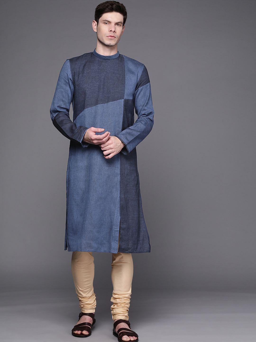 manu men navy blue colourblocked regular pure cotton kurta with churidar