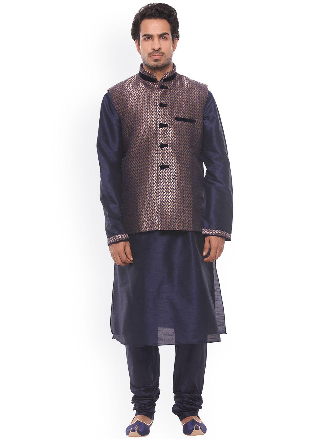 manu men navy blue solid kurta with churidar & nehru jacket