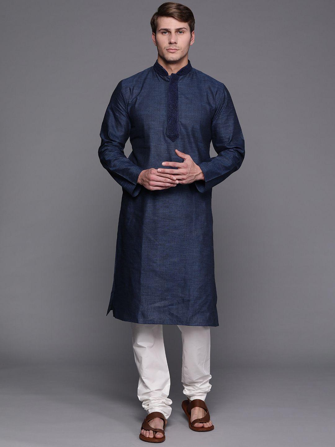 manu men navy blue solid kurta with churidar