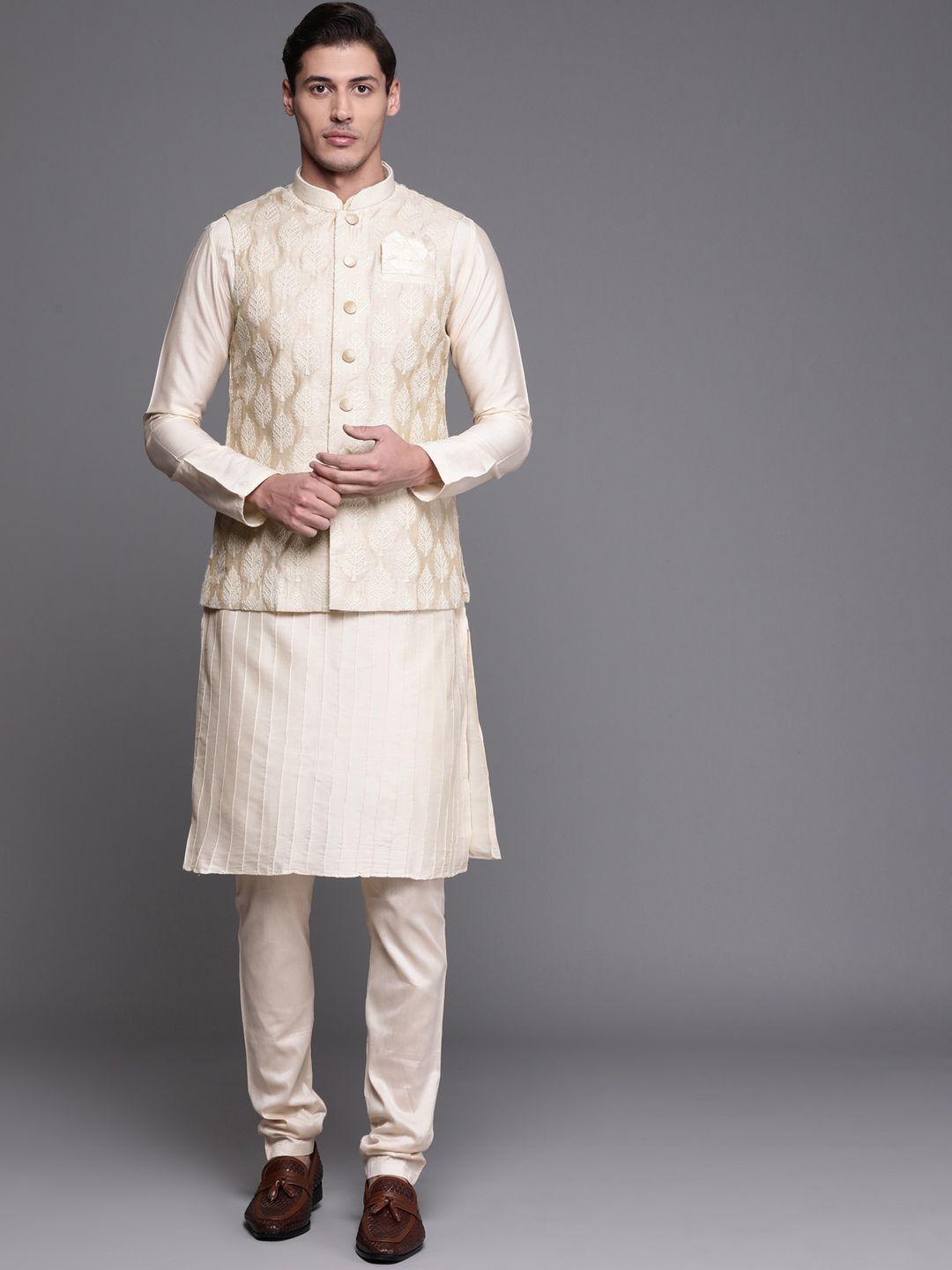 manu men off white striped kurta with churidar & jacket