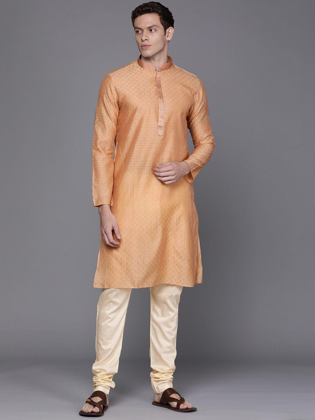 manu men orange ethnic motif woven design kurta with churidar