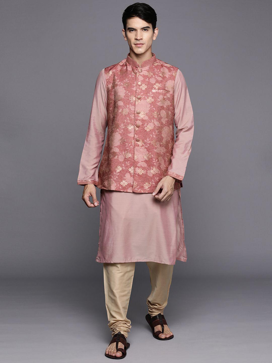 manu men pink regular kurta with churidar & jacket