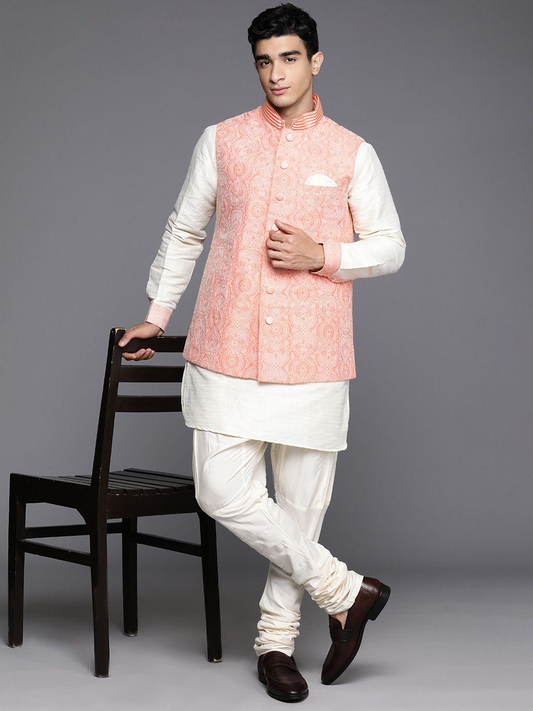 manu men pure cotton kurta & churidar with jacket