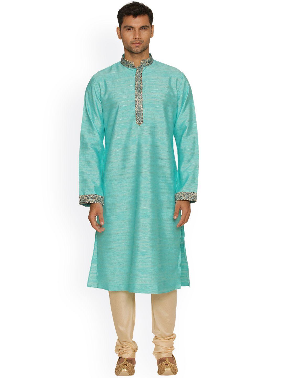 manu men sea green solid kurta with churidar