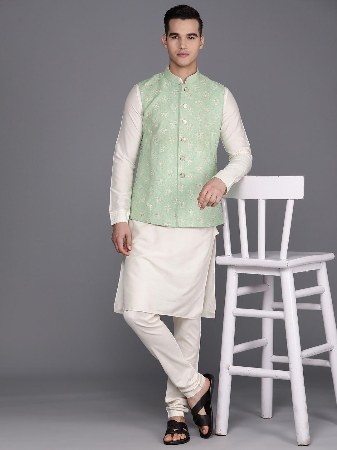 manu men self design regular kurta set with nehru jacket