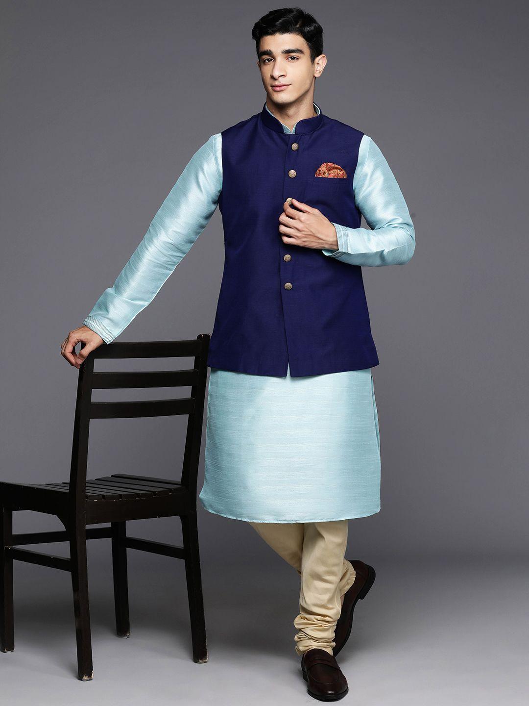 manu men solid art silk kurta with pyjamas & jacket