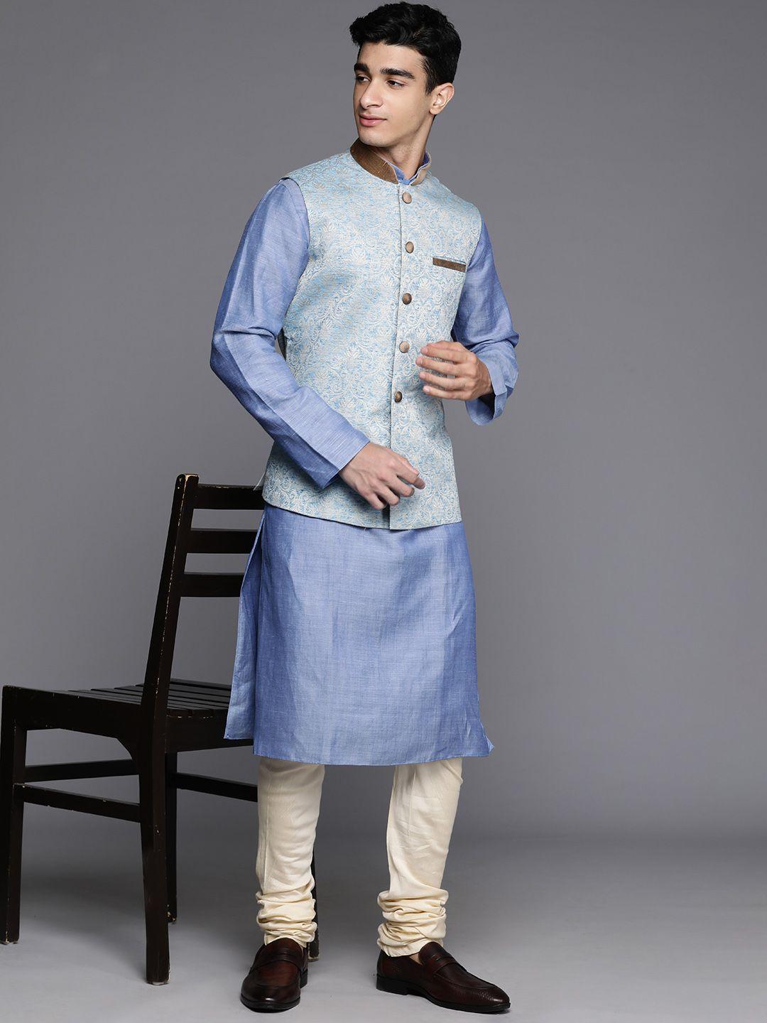 manu men solid mandarin collar kurta with churidar & embroidered nehru jacket