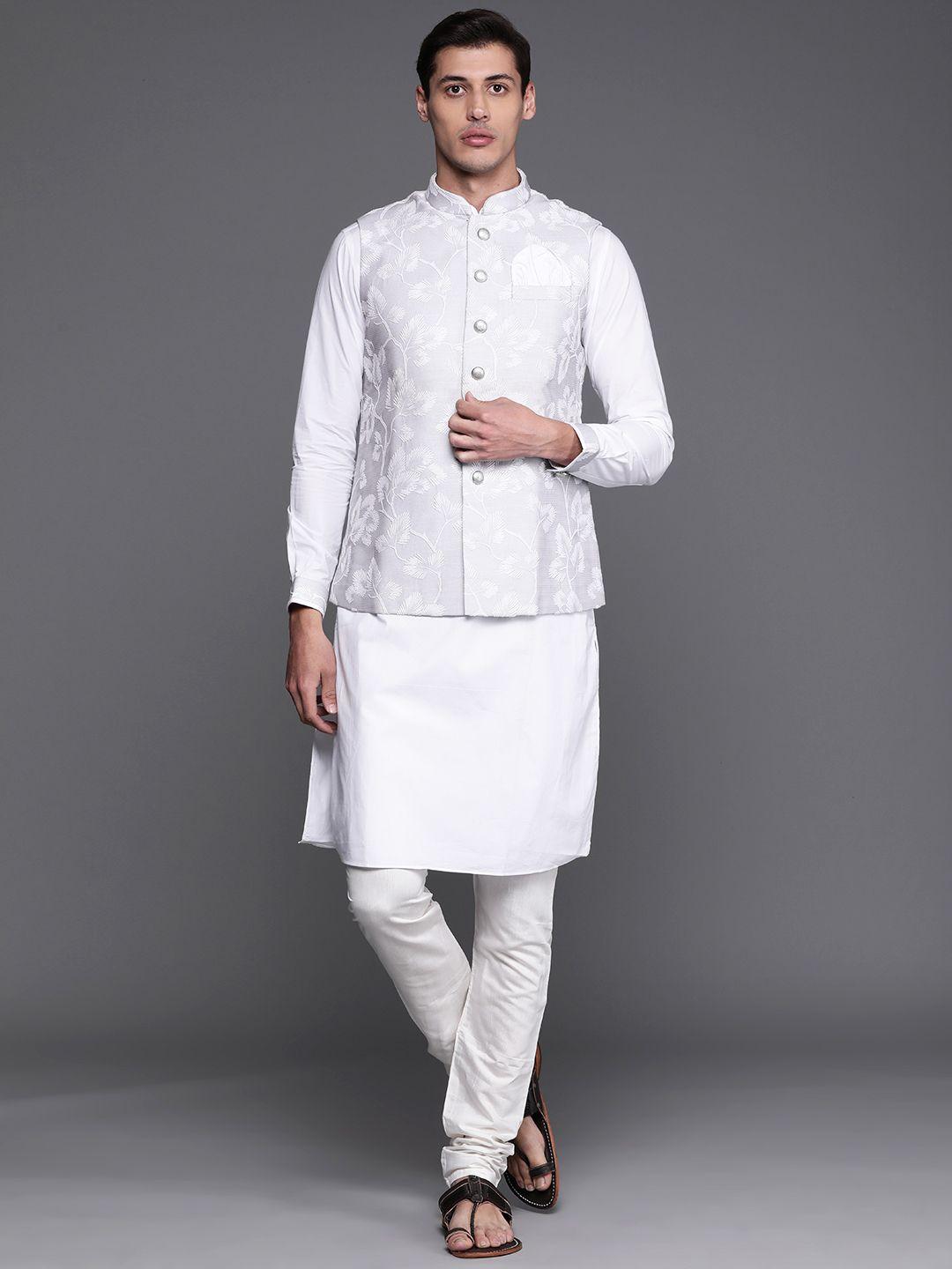 manu men white ethnic motifs kurta with churidar