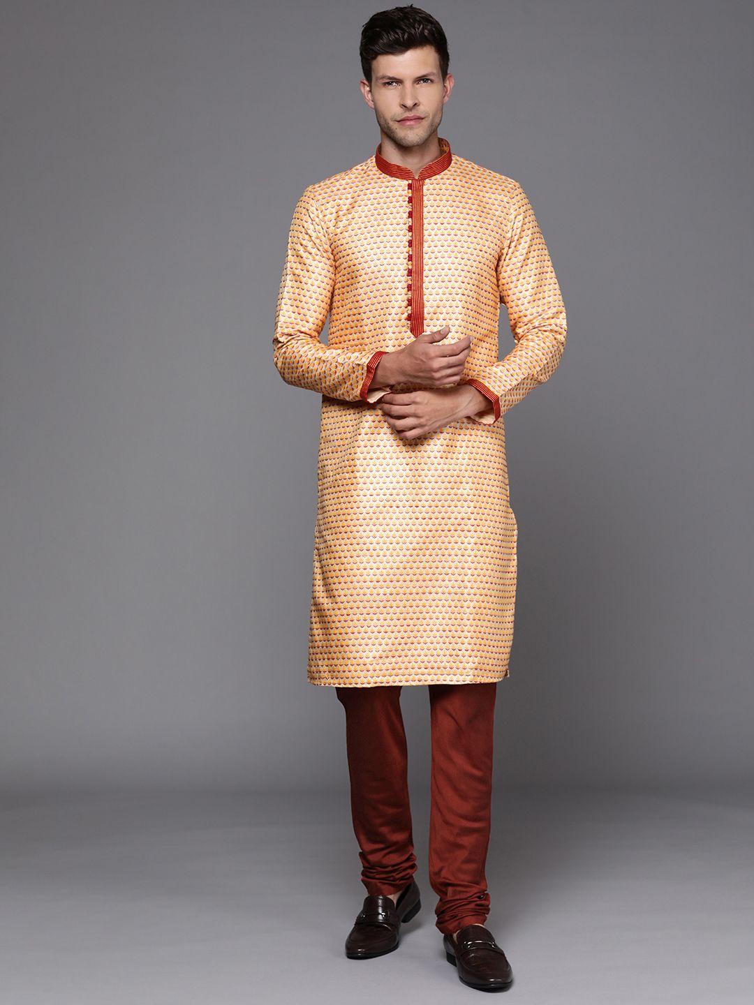 manu men yellow & maroon ethnic motifs woven design jacquard kurta churidar set