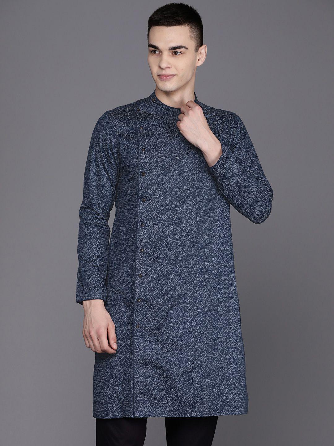 manu printed mandarin collar straight indigo kurta