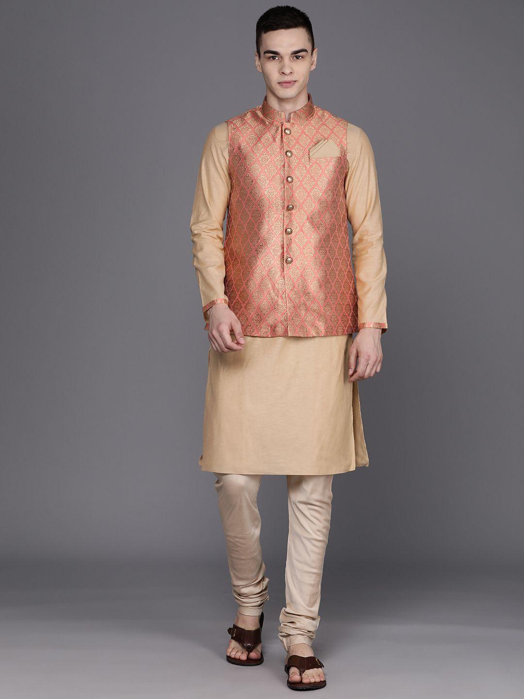 manu solid kurta with churidar & woven design nehru jacket