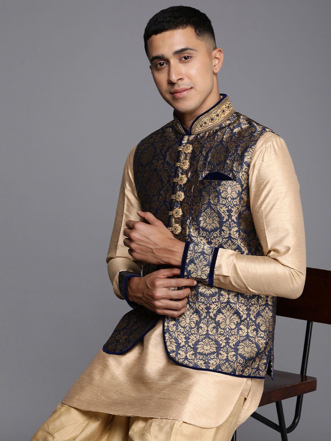 manu solid regular kurta with dhoti pants & nehru jacket