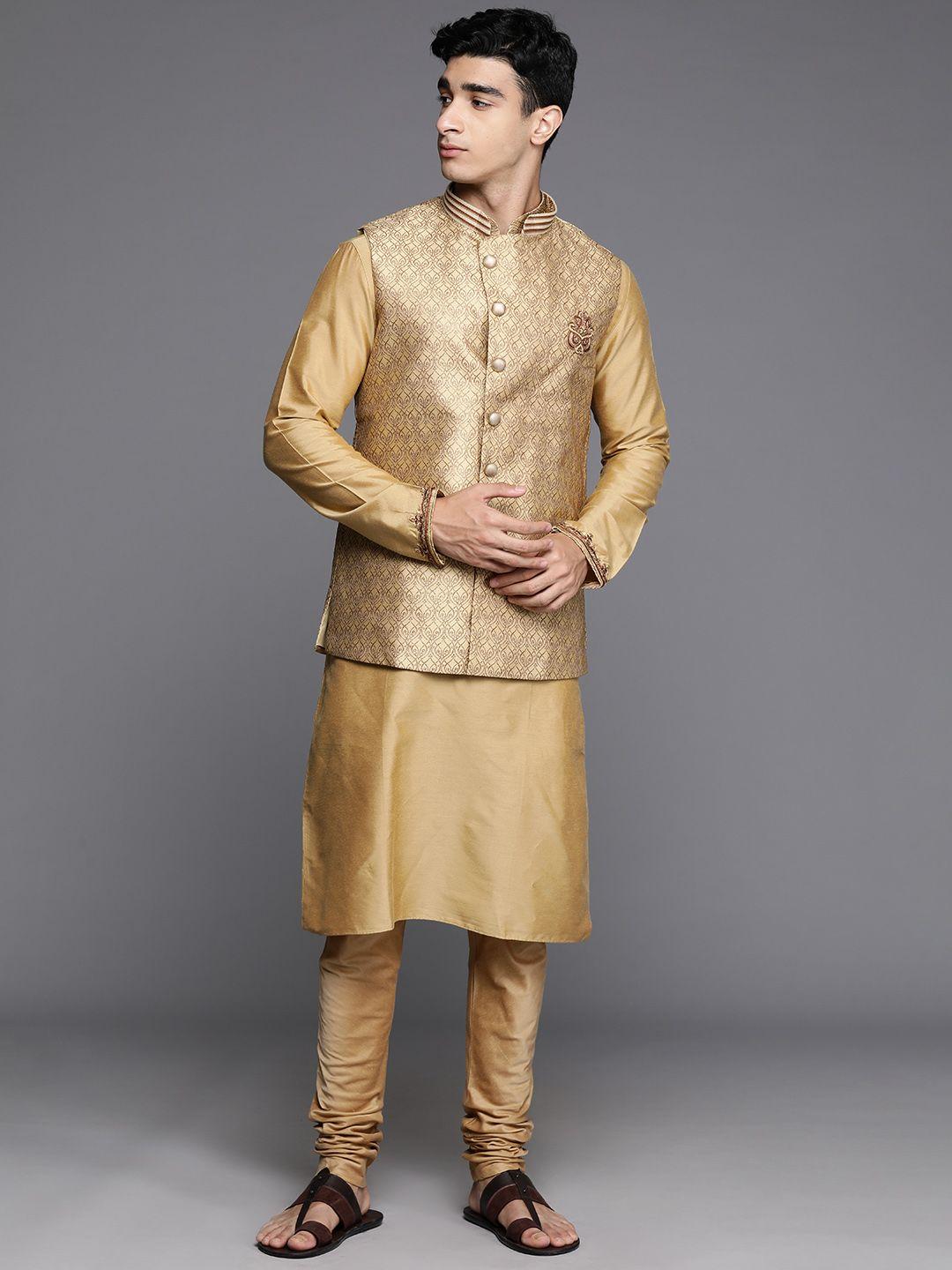 manu thread work kurta with churidar & woven design nehru jacket