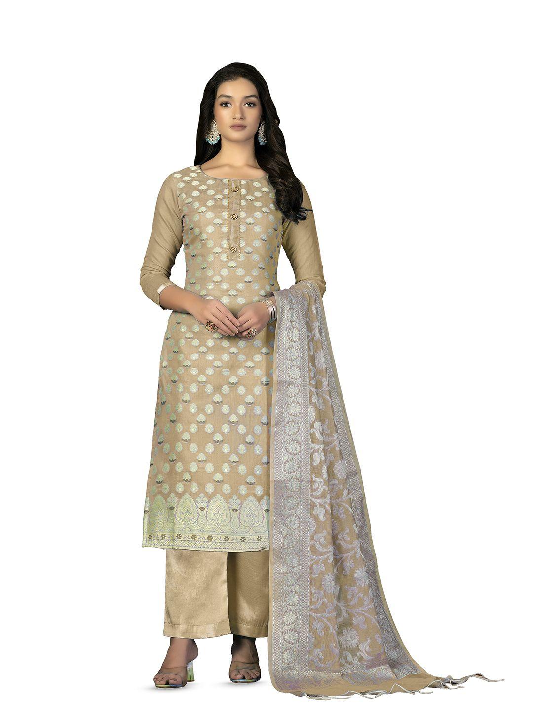 manvaa beige & gold-toned pure silk unstitched dress material