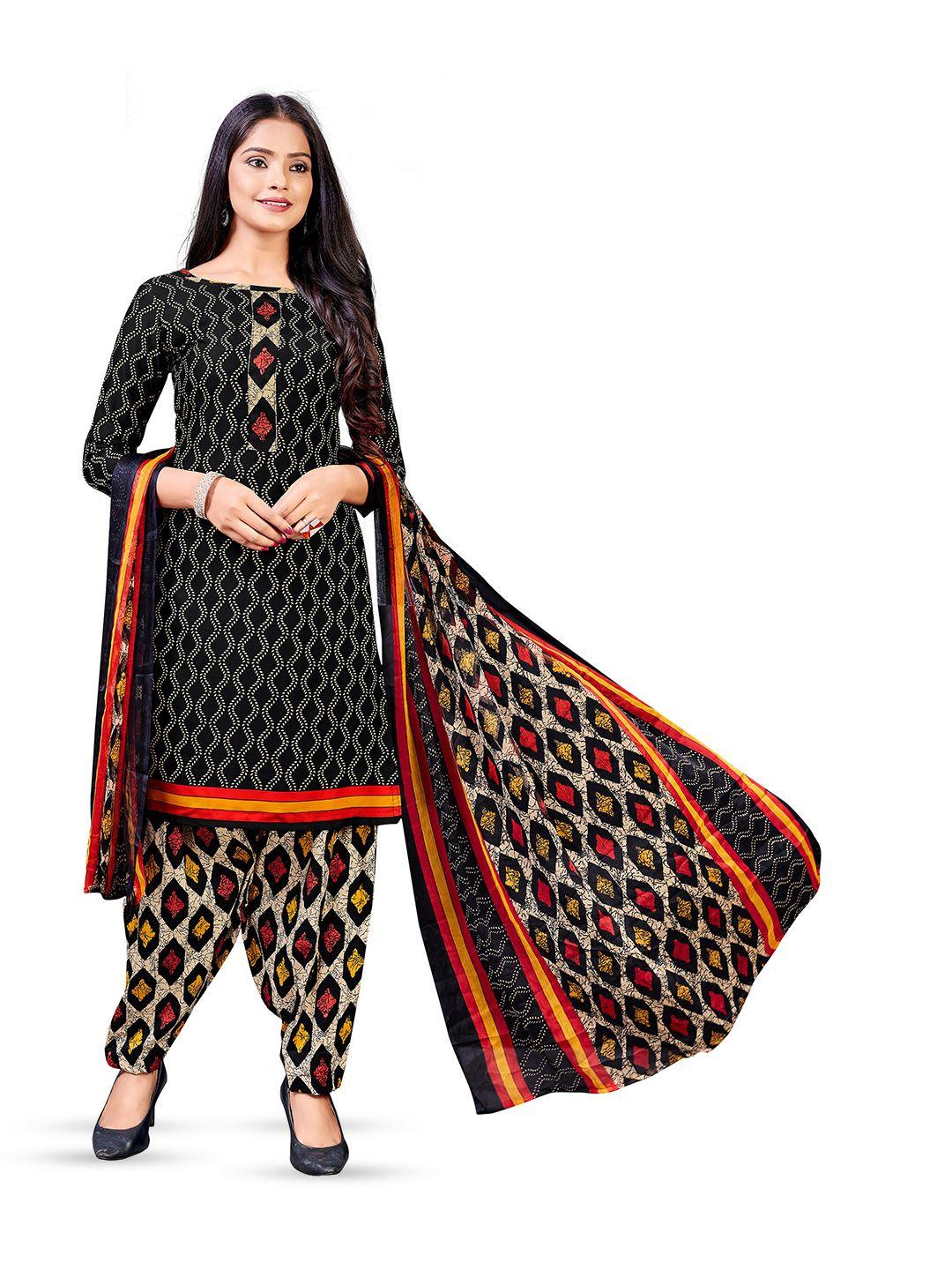 manvaa black & red printed silk crepe unstitched dress material