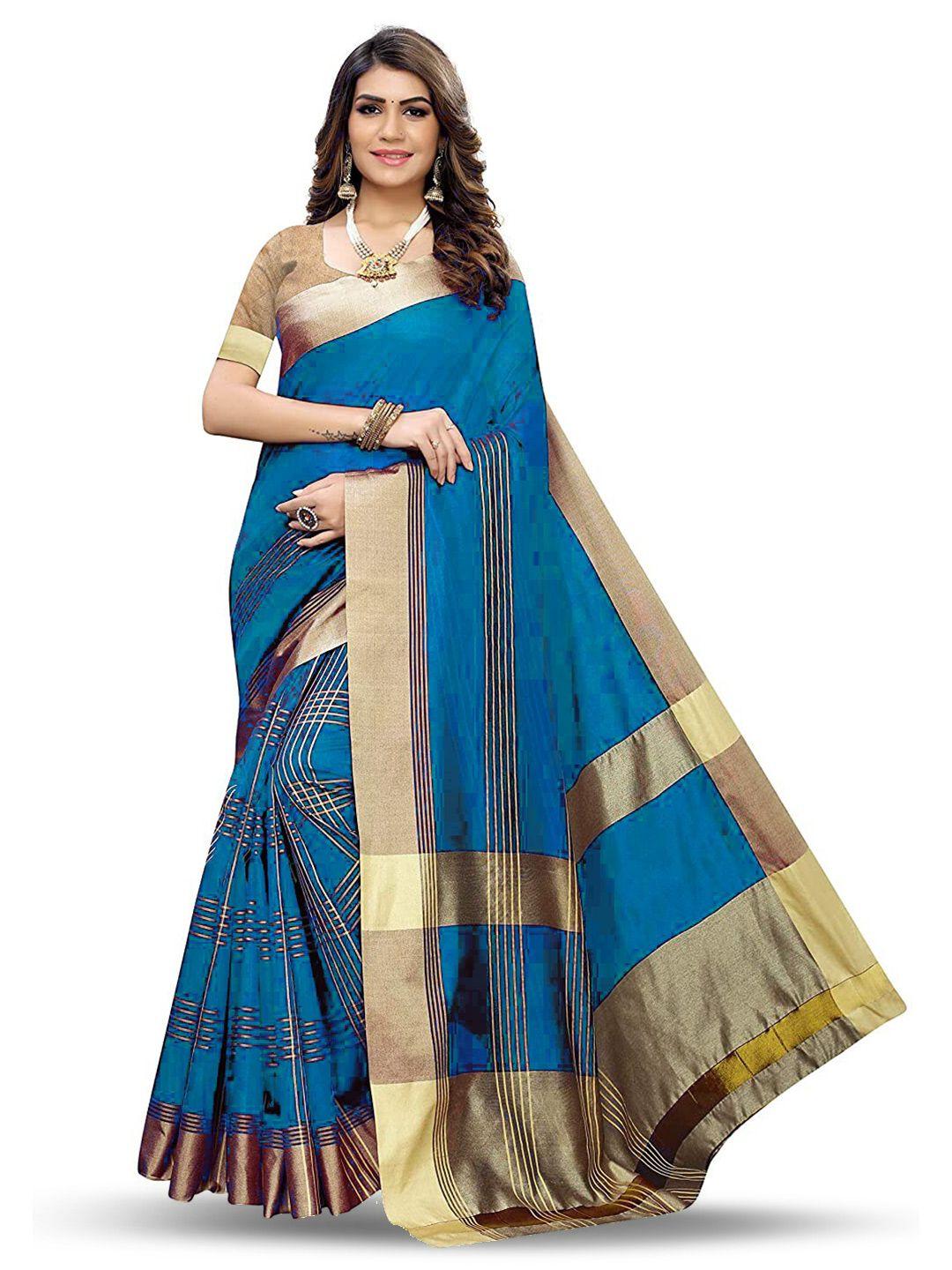 manvaa blue & gold-toned striped zari banarasi saree
