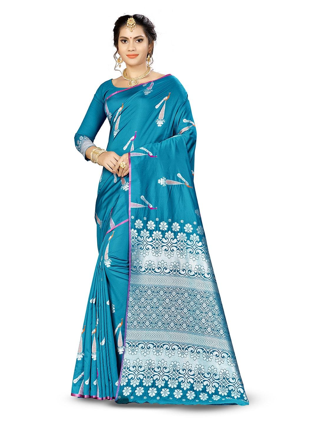 manvaa blue & gold-toned woven design zari silk blend banarasi saree