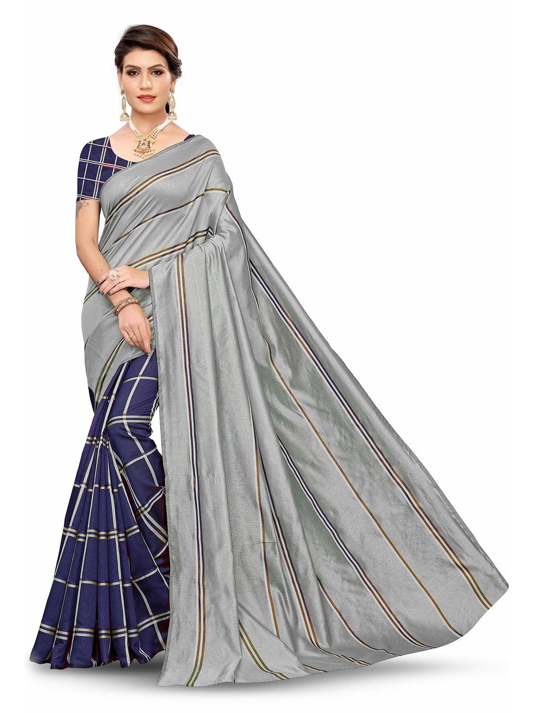 manvaa blue & grey striped half and half banarasi saree