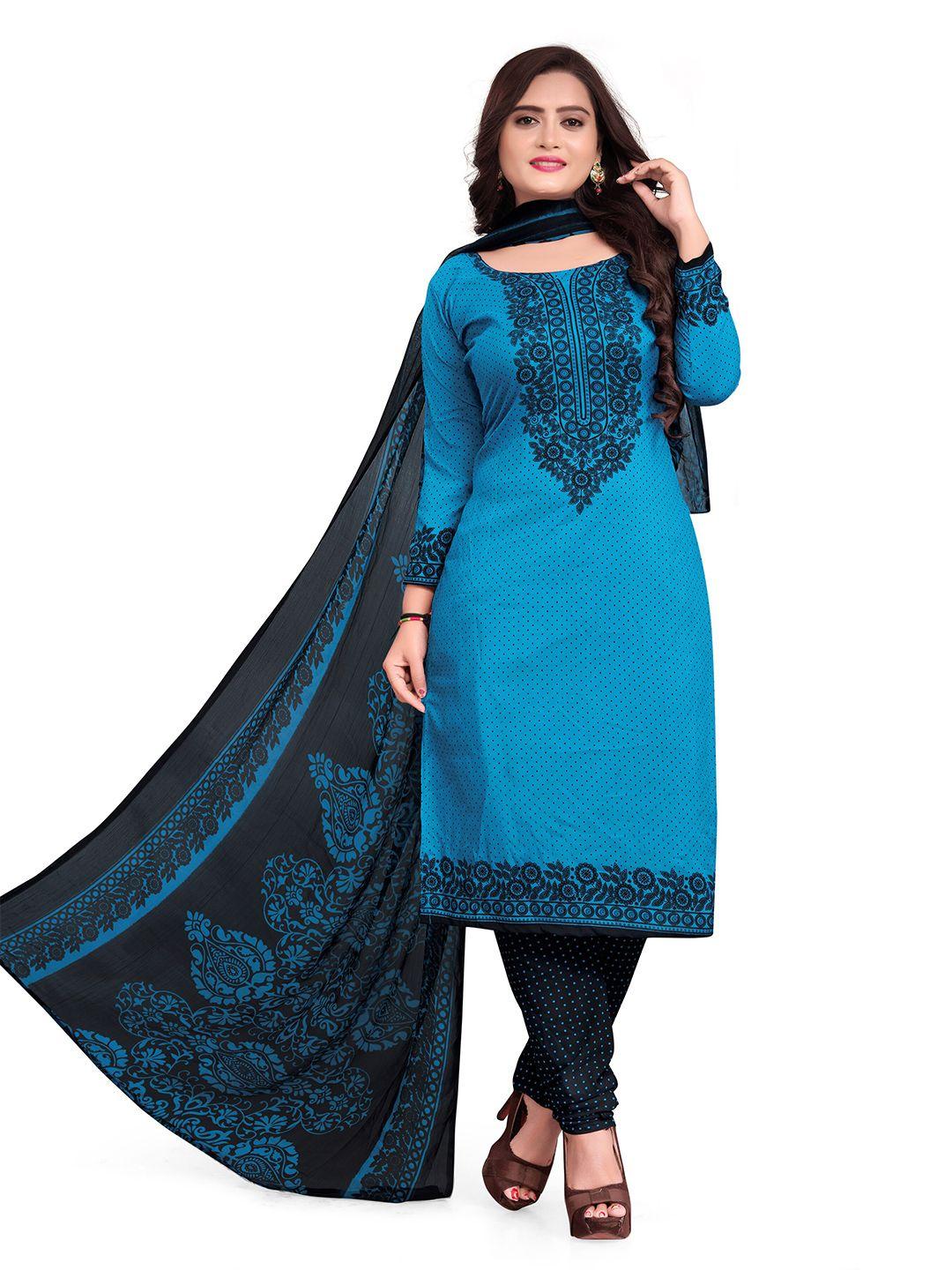 manvaa blue printed silk crepe unstitched dress material