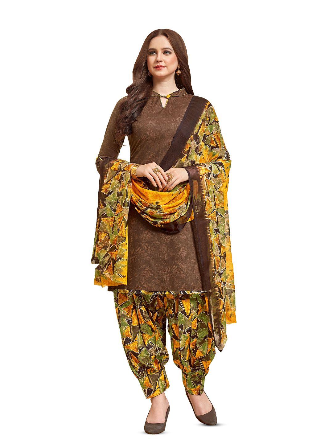 manvaa brown printed pure cotton unstitched dress material