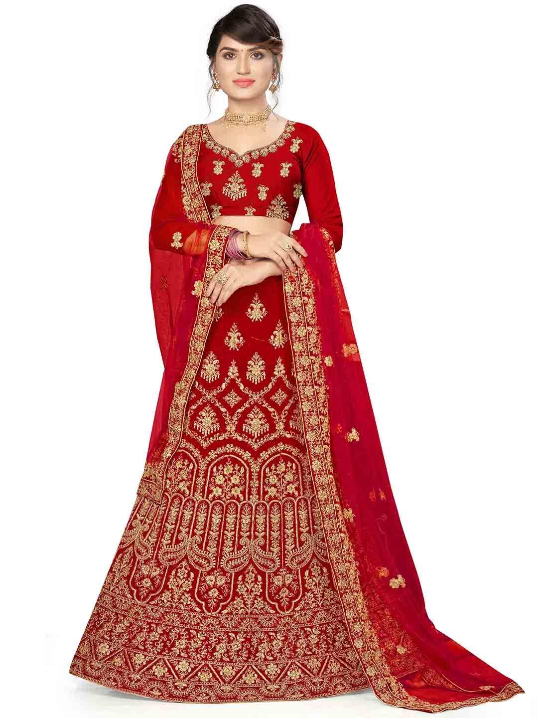 manvaa embroidered thread work semi-stitched lehenga & unstitched blouse with dupatta