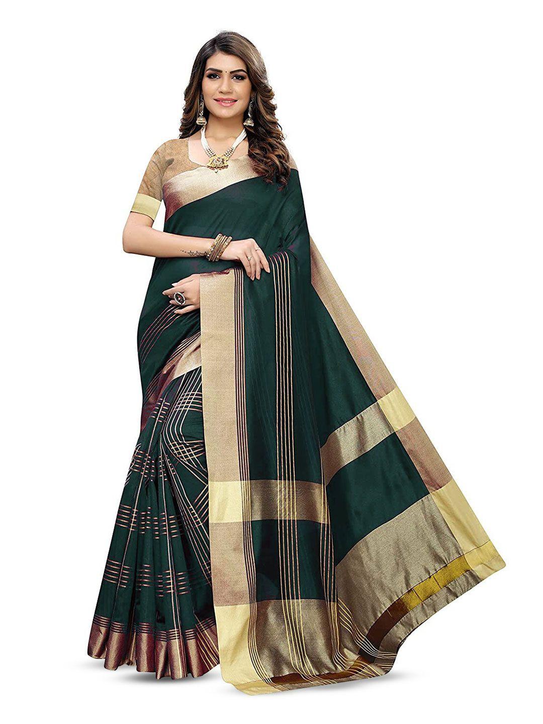 manvaa green & gold-toned striped banarasi saree
